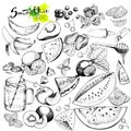 Vector big set of fruits and vegetables for detox smoothie. Hand drawn engraved monochrome elements.