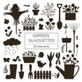 Vector big set of garden tools, flowers, herbs, plants silhouettes. Collection of black and white gardening equipment. Flat spring Royalty Free Stock Photo