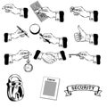 Vector big set of icons of mens hands making various gestures, holding money, pen, magnifying glass, key, pocket watch