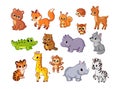 Vector big set with kids animals of Africa and forests. Collection of baby animals on a white background