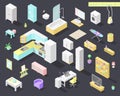 Vector big set of low poly isometric furniture and decoration for home interiors