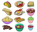 Vector Big set of mexican food in cartoon flat style. Icons of chili, nachos, tartilla, tacos.