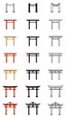 Vector Big Set of Silhouette, Line and Color Flat Torii Gate Icons.
