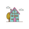 Vector big symmetric blue urban house with chimney icon. Vector house with tree and white clouds icon