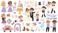 Vector big wedding elements set. Cute marriage clipart and scenes with bride and groom. Royalty Free Stock Photo