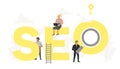 Vector big word SEO with small working people around it. Search engine optimization business banner for design concept Royalty Free Stock Photo