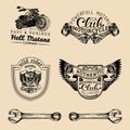 Vector biker club signs. Motorcycle repair logos set. Retro hand sketched garage labels. Custom chopper store emblems.