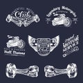 Vector biker club signs. Motorcycle repair logos set. Retro hand sketched garage labels. Custom chopper store emblems. Royalty Free Stock Photo