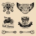 Vector biker club signs. Motorcycle repair logos set. Retro hand sketched garage labels. Custom chopper store emblems. Royalty Free Stock Photo