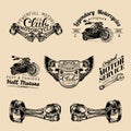 Vector biker club signs. Motorcycle repair logos set. Retro hand sketched garage labels. Custom chopper store emblems. Royalty Free Stock Photo