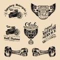 Vector biker club signs. Motorcycle repair logos set. Retro hand sketched garage labels. Custom chopper store emblems. Royalty Free Stock Photo