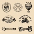 Vector biker club signs. Motorcycle repair logos set. Retro hand sketched garage labels. Custom chopper store emblems. Royalty Free Stock Photo