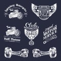 Vector biker club signs. Motorcycle repair logos set. Retro hand sketched garage labels. Custom chopper store emblems. Royalty Free Stock Photo