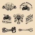 Vector biker club signs. Motorcycle repair logos set. Retro hand sketched garage labels. Custom chopper store emblems. Royalty Free Stock Photo