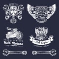 Vector biker club signs. Motorcycle repair logos set. Retro hand sketched garage labels. Custom chopper store emblems. Royalty Free Stock Photo