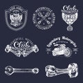 Vector biker club signs. Motorcycle repair logos set. Retro hand sketched garage labels. Custom chopper store emblems. Royalty Free Stock Photo