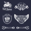 Vector biker club signs. Motorcycle repair logos set. Retro hand sketched garage labels. Custom chopper store emblems. Royalty Free Stock Photo