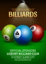 Vector Billiard challenge poster. 3d realistic balls on billiard table with lamp. Flyer design cover championship