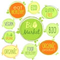 Vector bio icon set of labels, stamps or stickers with signs - Bio market, gluten free, organic product, vegan, food healthy, eat Royalty Free Stock Photo