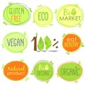 Vector bio icon set of labels, stamps or stickers with signs - Bio market, gluten free, organic product, vegan, food healthy, eat Royalty Free Stock Photo