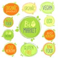 Vector bio icon set of labels, stamps or stickers with signs - Bio market, gluten free, organic product, vegan, food healthy, eat