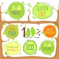 Vector bio icon set in tree branches of labels, stamps or stickers with signs - Bio market, gluten free, organic product, vegan, Royalty Free Stock Photo