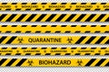 Vector biohazard danger yellow black seamless tape set isolated on transparent background. Safety fencing ribbon. Quarantine flu.