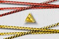 Vector biohazard danger yellow black tape isolated on transparent background. Safety red fencing ribbon. Quarantine flu. Warning