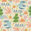 Vector bird, tree and leaf hand drawing illustration motif seamless repeat pattern Royalty Free Stock Photo