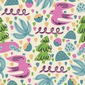 Vector bird, tree and leaf hand drawing illustration motif seamless repeat pattern Royalty Free Stock Photo