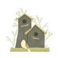 Vector birdhouses, cute birds and nests illustrations