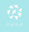 Vector birds silhouette set. Blue postcard with birds and stylish phrase - fly in the sky