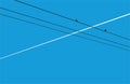Vector birds sit on electric wires against the background of a blue spring sky and the trail of a flying plane