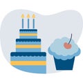 Vector birthday cake with candle and muffin icon Royalty Free Stock Photo