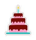 Vector Birthday Cake sticker. Big cake with candle in a flat style with cut contour on white background