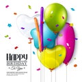 Vector birthday card with balloons and confetti.