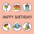 Vector birthday card with a bouquet of flowers, a box of chocolates, holiday caps, gift box, holiday cake, bunch air balloon hand- Royalty Free Stock Photo