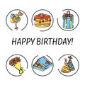 Vector birthday card with a bouquet of flowers, a box of chocolates, holiday caps, gift box, holiday cake, bunch balloon Royalty Free Stock Photo