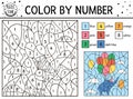 Vector Birthday color by number activity with elephant flying on a bunch of balloons. Holiday party coloring and counting game
