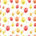 Vector Birthday Colorful Background Template, Seamless Pattern, Golden Confetti and Different Colored Balloons. Royalty Free Stock Photo