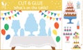 Vector Birthday party cut and glue activity. Holiday educational crafting game with cute cake, sweets, desserts. Fun activity for