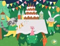 Vector Birthday party forest background with cute animals and table with cake. Funny holiday scene with candy bar, rabbit, raccoon Royalty Free Stock Photo