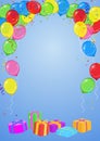 Vector birthday or party invitation card with balloons, streamers, confetti and presents on blue background with space for text