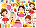 Vector Birthday Set with Cute Little Girls and Party Elements Royalty Free Stock Photo