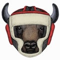 Vector bison head. Portrait of bull, buffalo. Animal wearing boxer helmet.