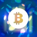 Vector bitcoin simple flat emblem on blue blurred background.