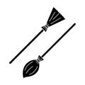 Vector black broom in two variations. Isolated shape of Halloween element. Black contour of mystery cleaner on the white