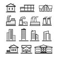 Vector black buildings and factories icons set