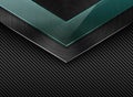 Vector black carbon fiber background with corner brushed metal plate and green transparent glass. Industrial elegant arrow design Royalty Free Stock Photo