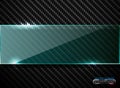 Vector black carbon fiber background with horizontal line green transparent glass plate banner. Industrial elegant design